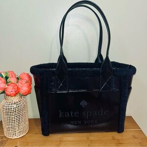 Like New Kate Spade Patent Leather Black Faux Fur Trim Tote